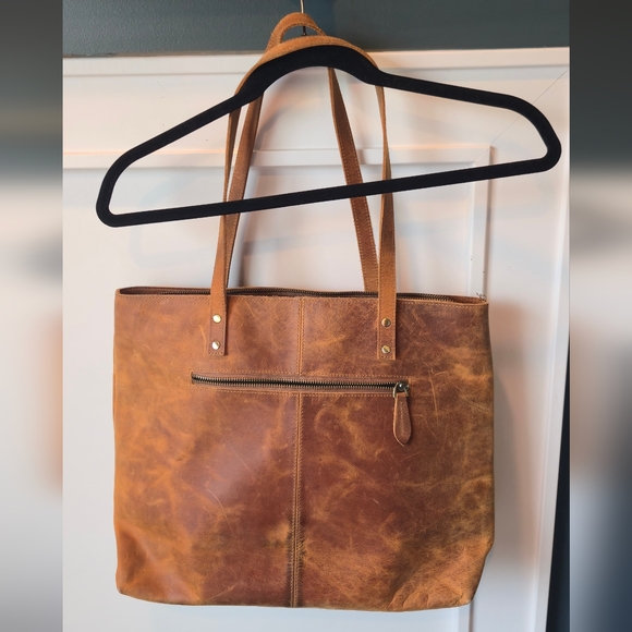 S ZONE Brown Leather Tote Bag Vintage Leather Wear - Picture 3 of 5